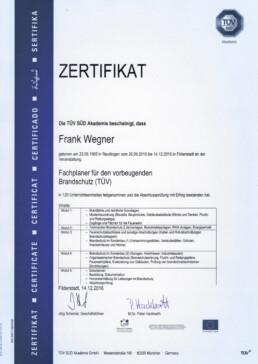 Zertifikat Fachplaner Vorbeugender Brandschutz Orgeda GmbH Wolfschlugen Stuttgart
