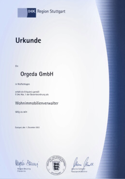 Urkunde Hausverwaltung Orgeda GmbH Wolfschlugen Stuttgart